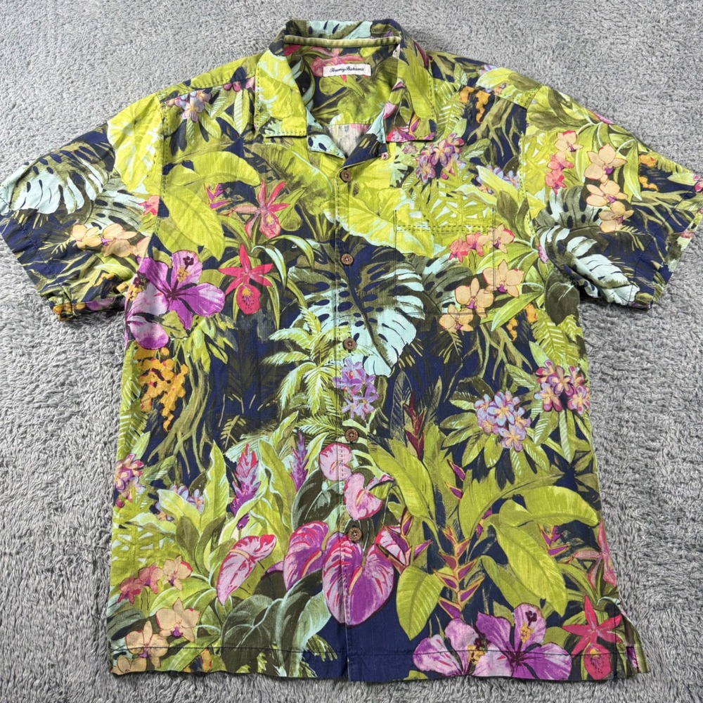 Tommy Bahama Button Shirt Mens Medium Loop Collar Floral Silk Tropical Camp